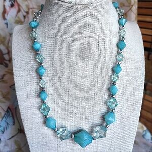 Aqua Light Blue Clear Oversized Bicone Lucite Plastic Beaded Vintage Necklace